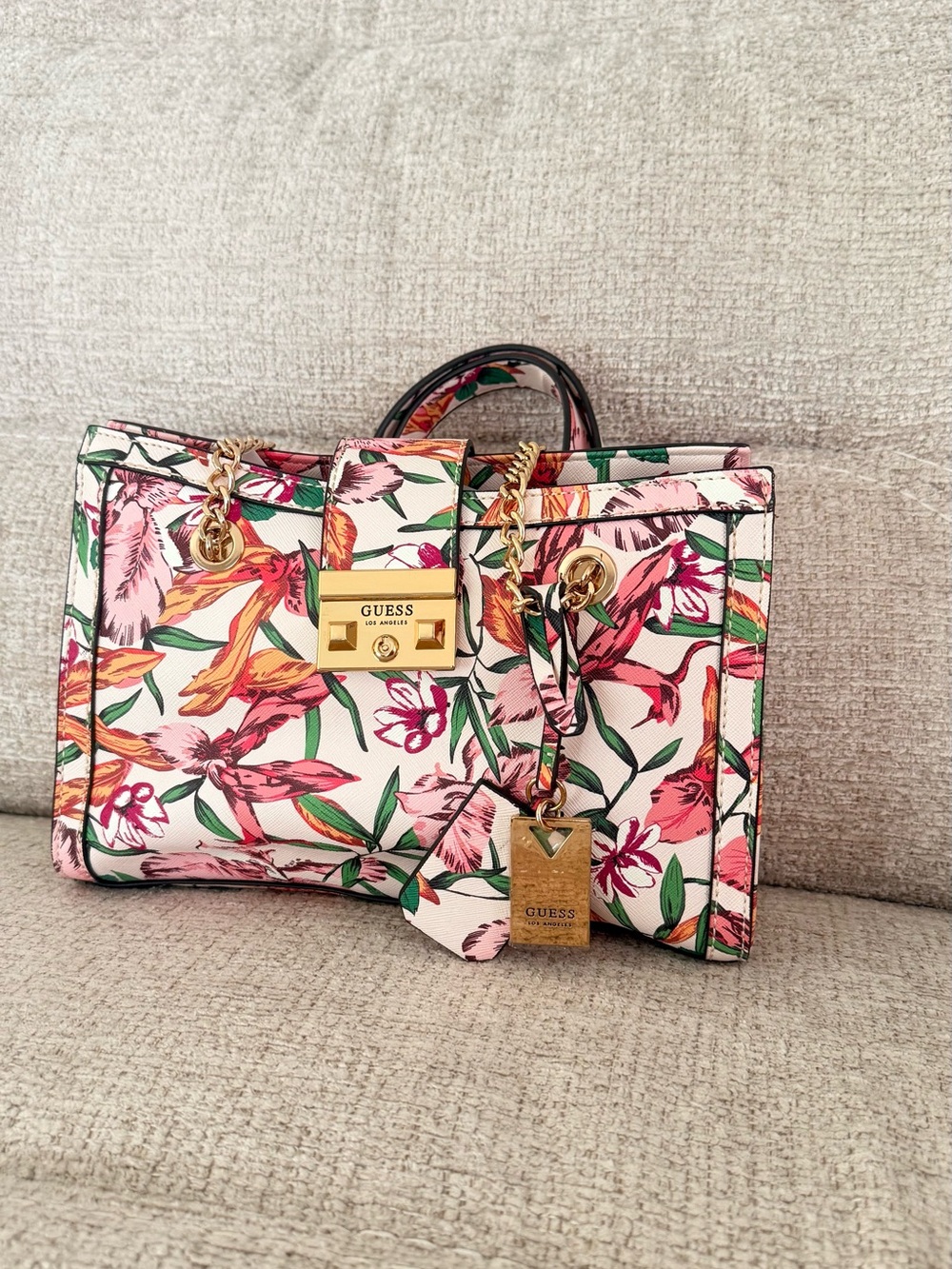GUESS Floral Satchel in Pink with Gold Hardware